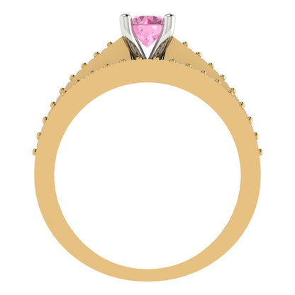 0.86 cttw Round Cut Simulated Pink Diamond Bridal Set - Solid Yellow/White Gold Engagement Ring & Wedding Band
