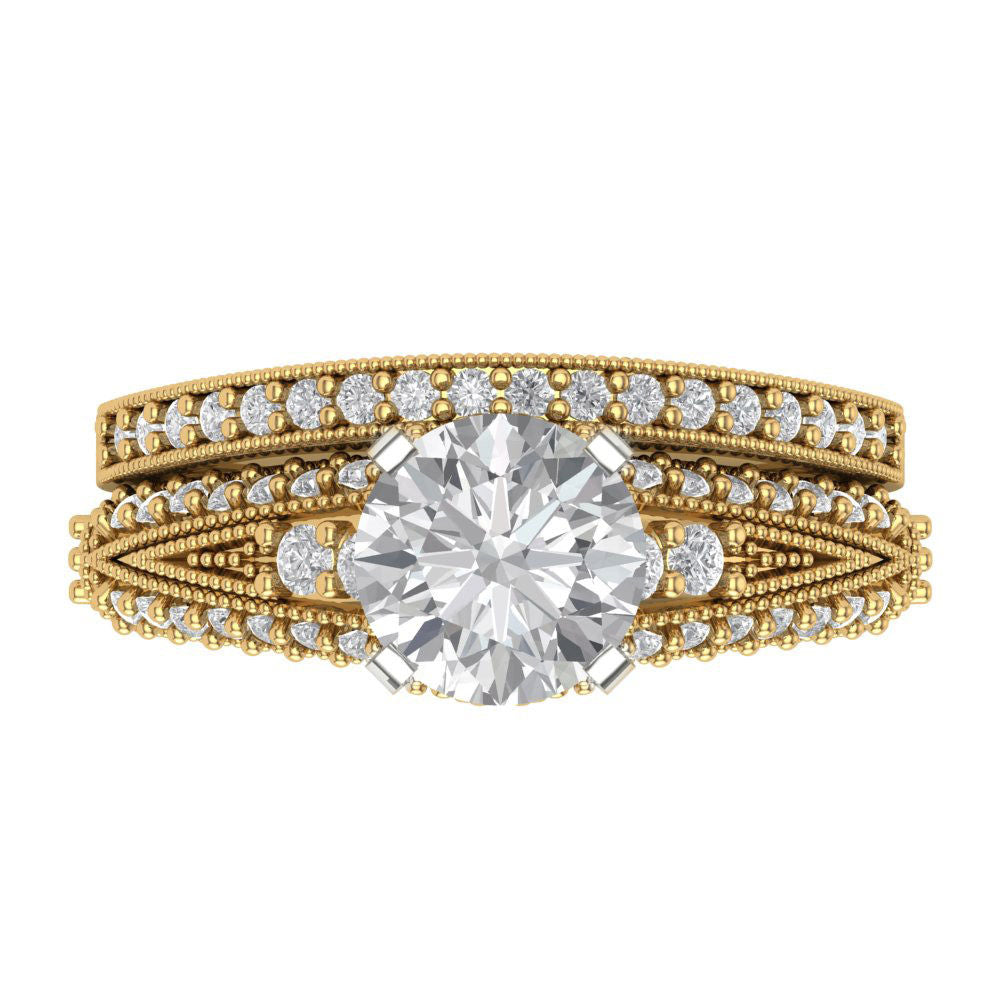 2.095 cttw Round Cut Zirconia Simulated Diamond Bridal Set - Solid Yellow/White Gold Engagement Ring & Wedding Band