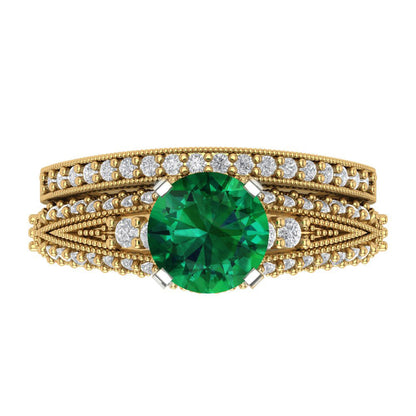 2.095 cttw Round Cut Simulated Emerald Bridal Set - Solid Yellow/White Gold Engagement Ring & Wedding Band