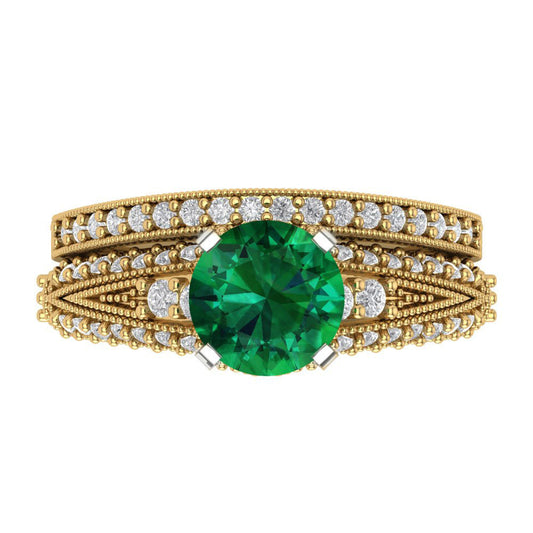 2.095 cttw Round Cut Simulated Emerald Bridal Set - Solid Yellow/White Gold Engagement Ring & Wedding Band