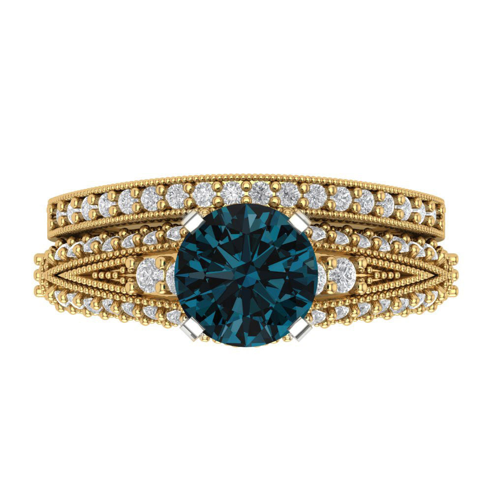 2.095 cttw Round Cut Natural London Blue Topaz Bridal Set - Solid Yellow/White Gold Engagement Ring & Wedding Band