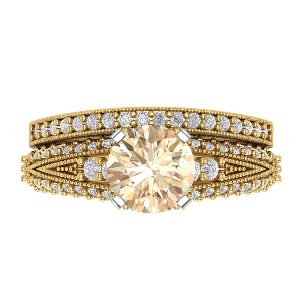 2.095 cttw Round Cut Natural Morganite Bridal Set - Solid Yellow/White Gold Engagement Ring & Wedding Band