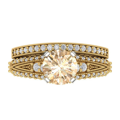 2.095 cttw Round Cut Natural Morganite Bridal Set - Solid Yellow/White Gold Engagement Ring & Wedding Band