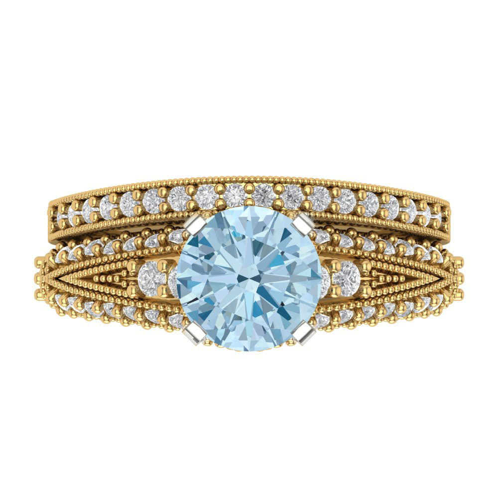 2.095 cttw Round Cut Natural Swiss Blue Topaz Bridal Set - Solid Yellow/White Gold Engagement Ring & Wedding Band