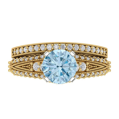 2.095 cttw Round Cut Natural Swiss Blue Topaz Bridal Set - Solid Yellow/White Gold Engagement Ring & Wedding Band