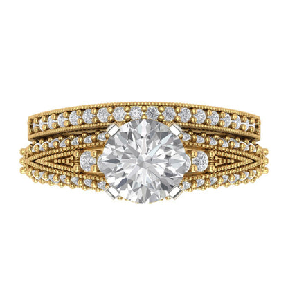 2.095 cttw Round Cut Moissanite Bridal Set - Solid Yellow/White Gold Engagement Ring & Wedding Band