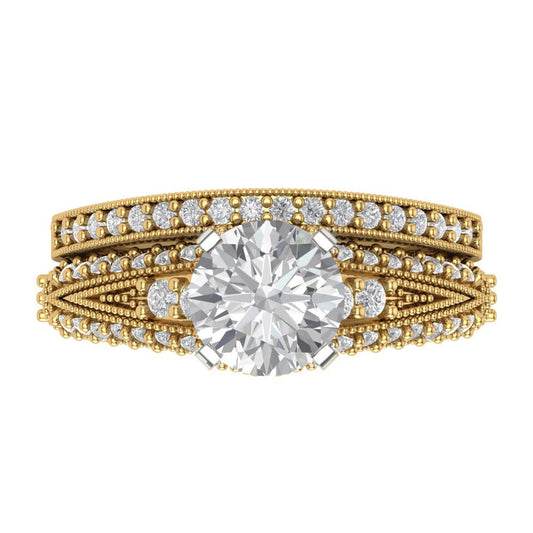 2.095 cttw Round Cut Moissanite Bridal Set - Solid Yellow/White Gold Engagement Ring & Wedding Band