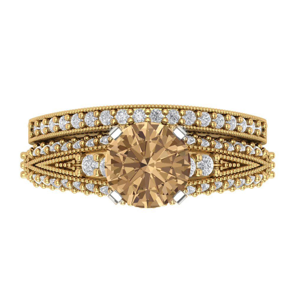 2.095 cttw Round Cut Simulated Champagne Diamond Bridal Set - Solid Yellow/White Gold Engagement Ring & Wedding Band