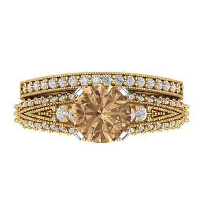 2.095 cttw Round Cut Simulated Champagne Diamond Bridal Set - Solid Yellow/White Gold Engagement Ring & Wedding Band