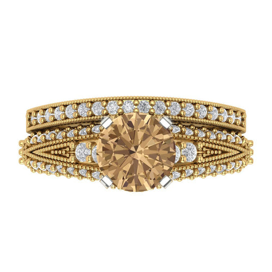 2.095 cttw Round Cut Simulated Champagne Diamond Bridal Set - Solid Yellow/White Gold Engagement Ring & Wedding Band