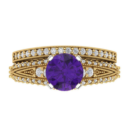 2.095 cttw Round Cut Natural Amethyst Bridal Set - Solid Yellow/White Gold Engagement Ring & Wedding Band