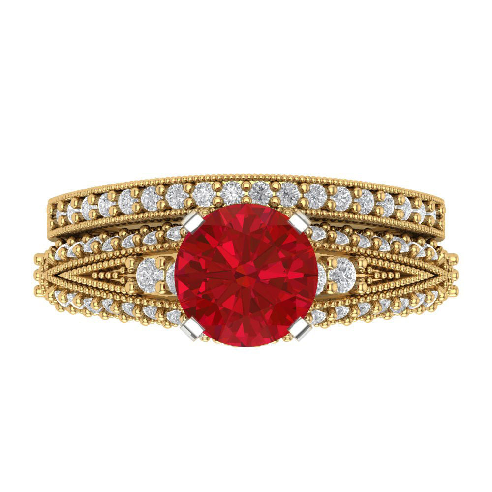 2.095 cttw Round Cut Simulated Pink Tourmaline Bridal Set - Solid Yellow/White Gold Engagement Ring & Wedding Band