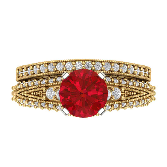 2.095 cttw Round Cut Simulated Pink Tourmaline Bridal Set - Solid Yellow/White Gold Engagement Ring & Wedding Band