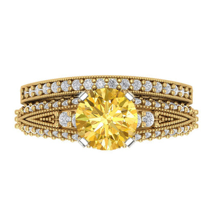 2.095 cttw Round Cut Simulated Yellow Diamond Bridal Set - Solid Yellow/White Gold Engagement Ring & Wedding Band