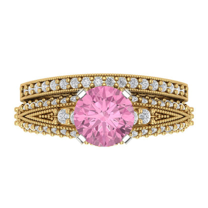 2.095 cttw Round Cut Simulated Pink Diamond Bridal Set - Solid Yellow/White Gold Engagement Ring & Wedding Band