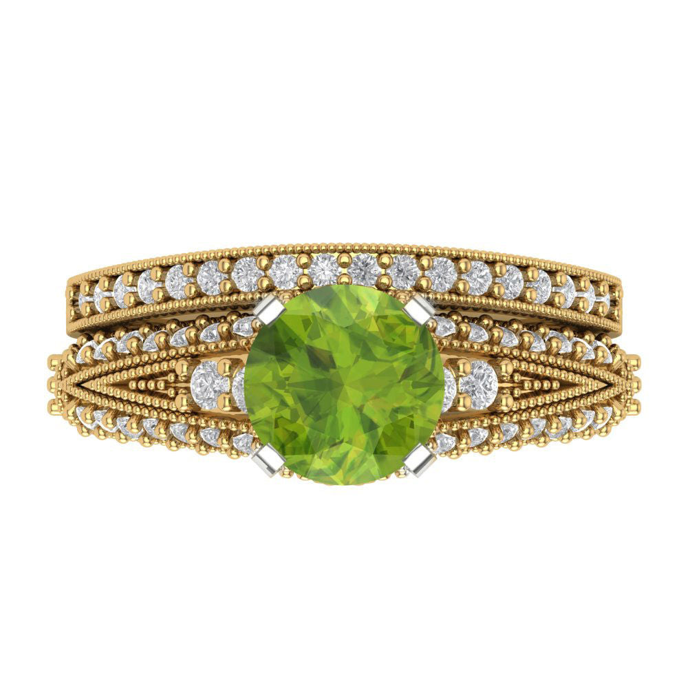 2.095 cttw Round Cut Natural Peridot Bridal Set - Solid Yellow/White Gold Engagement Ring & Wedding Band