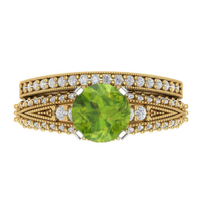 2.095 cttw Round Cut Natural Peridot Bridal Set - Solid Yellow/White Gold Engagement Ring & Wedding Band