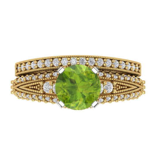 2.095 cttw Round Cut Natural Peridot Bridal Set - Solid Yellow/White Gold Engagement Ring & Wedding Band