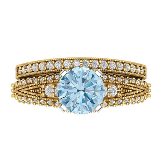 2.095 cttw Round Cut Natural Aquamarine Bridal Set - Solid Yellow/White Gold Engagement Ring & Wedding Band