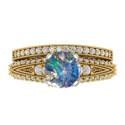 2.095 cttw Round Cut Blue Moissanite Bridal Set - Solid Yellow/White Gold Engagement Ring & Wedding Band