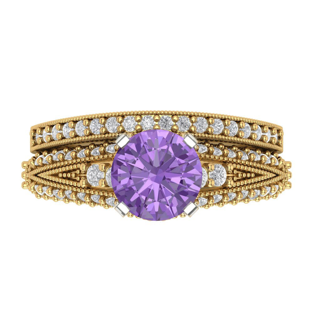 2.095 cttw Round Cut Simulated Alexandrite Bridal Set - Solid Yellow/White Gold Engagement Ring & Wedding Band