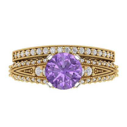 2.095 cttw Round Cut Simulated Alexandrite Bridal Set - Solid Yellow/White Gold Engagement Ring & Wedding Band