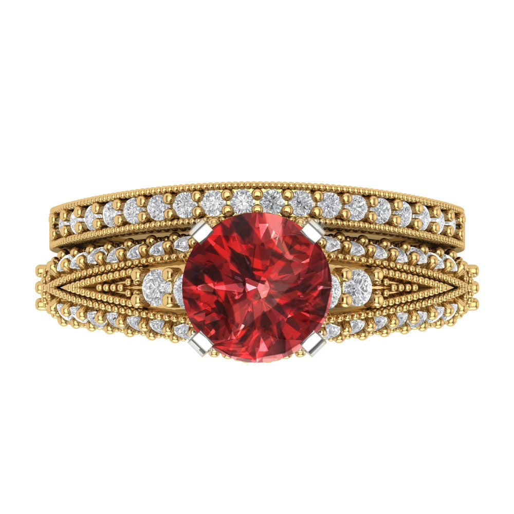 2.095 cttw Round Cut Natural Garnet Bridal Set - Solid Yellow/White Gold Engagement Ring & Wedding Band