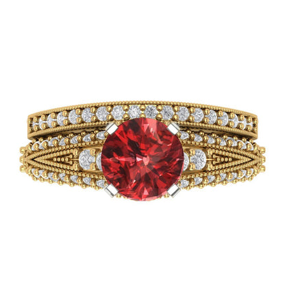 2.095 cttw Round Cut Natural Garnet Bridal Set - Solid Yellow/White Gold Engagement Ring & Wedding Band