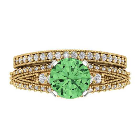 2.095 cttw Round Cut Simulated Green Diamond Bridal Set - Solid Yellow/White Gold Engagement Ring & Wedding Band