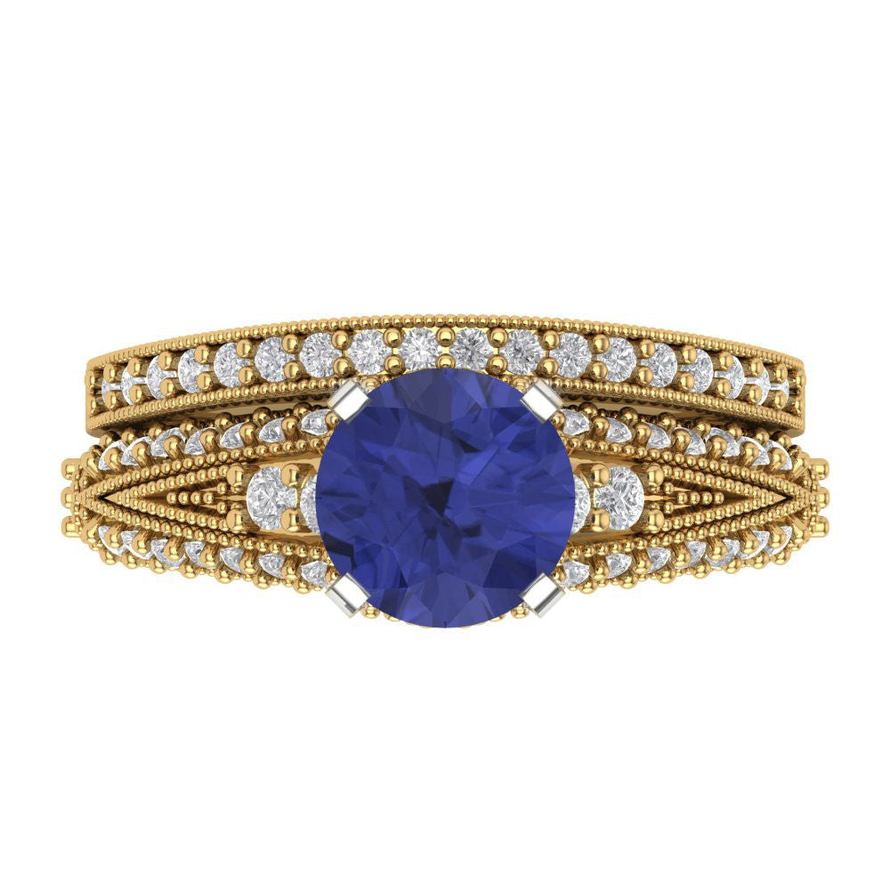 2.095 cttw Round Cut Simulated Tanzanite Bridal Set - Solid Yellow/White Gold Engagement Ring & Wedding Band