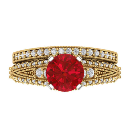 2.095 cttw Round Cut Simulated Ruby Bridal Set - Solid Yellow/White Gold Engagement Ring & Wedding Band