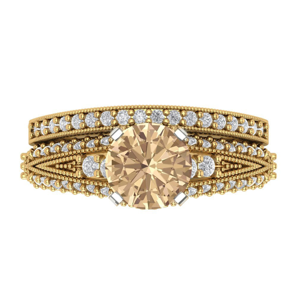 2.095 cttw Round Cut Yellow Moissanite Bridal Set - Solid Yellow/White Gold Engagement Ring & Wedding Band