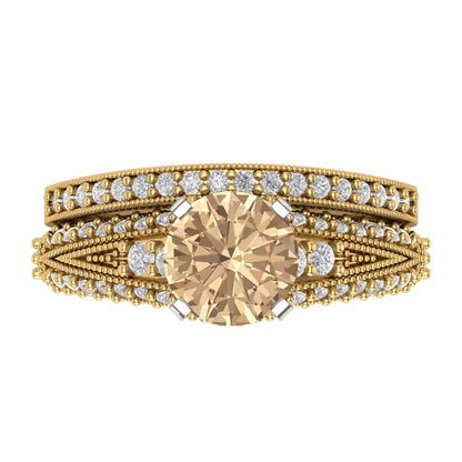 2.095 cttw Round Cut Yellow Moissanite Bridal Set - Solid Yellow/White Gold Engagement Ring & Wedding Band