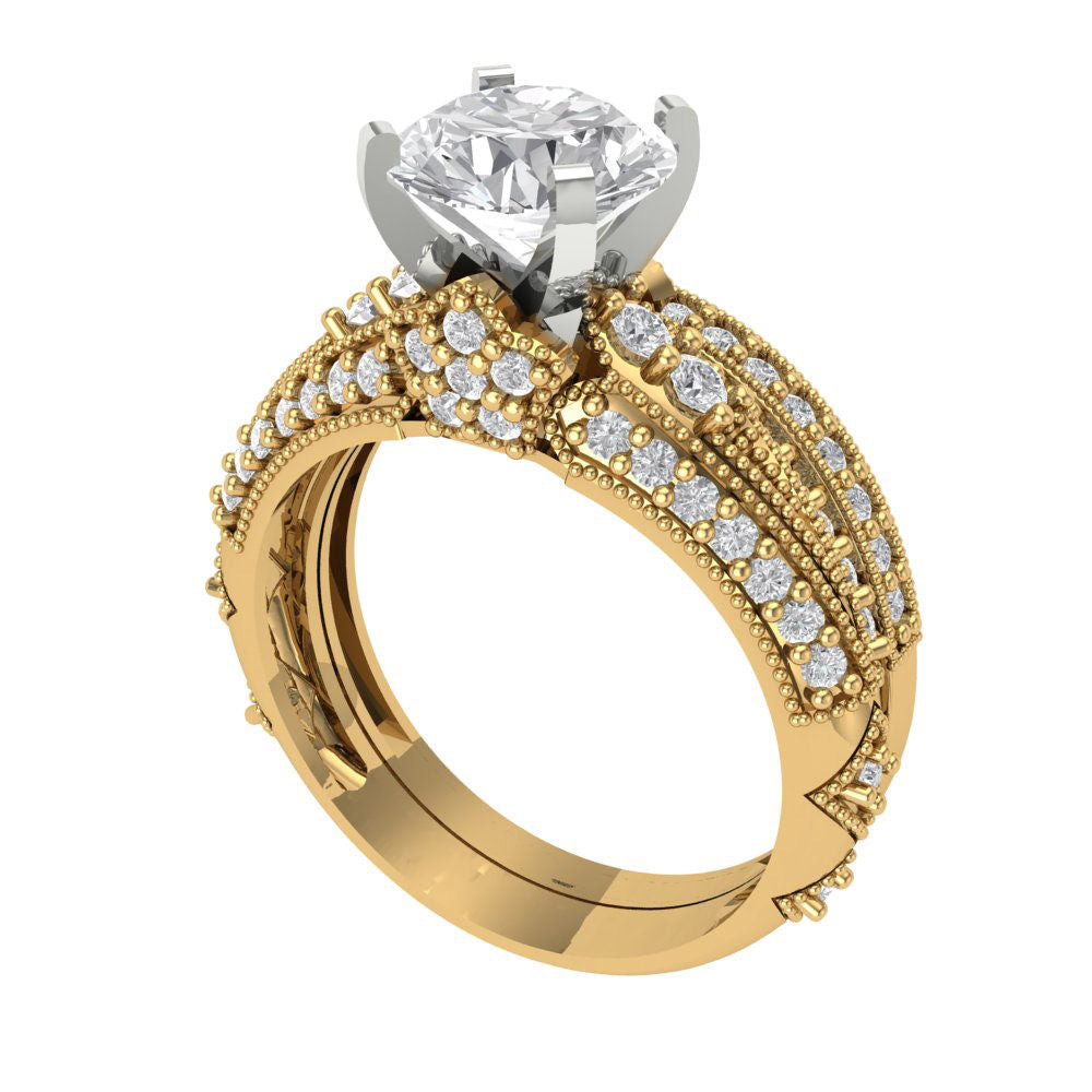 2.095 cttw Round Cut Moissanite Bridal Set - Solid Yellow/White Gold Engagement Ring & Wedding Band