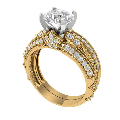 2.095 cttw Round Cut Moissanite Bridal Set - Solid Yellow/White Gold Engagement Ring & Wedding Band