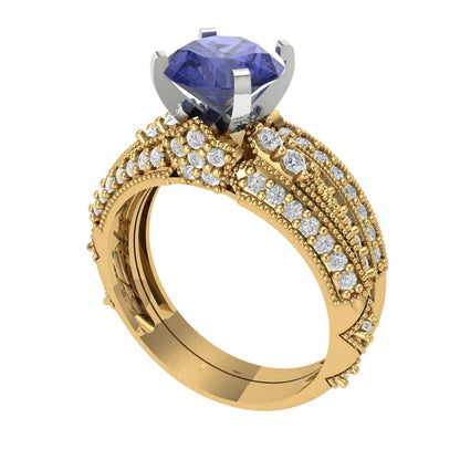2.095 cttw Round Cut Simulated Tanzanite Bridal Set - Solid Yellow/White Gold Engagement Ring & Wedding Band