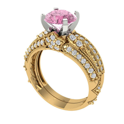2.095 cttw Round Cut Simulated Pink Diamond Bridal Set - Solid Yellow/White Gold Engagement Ring & Wedding Band