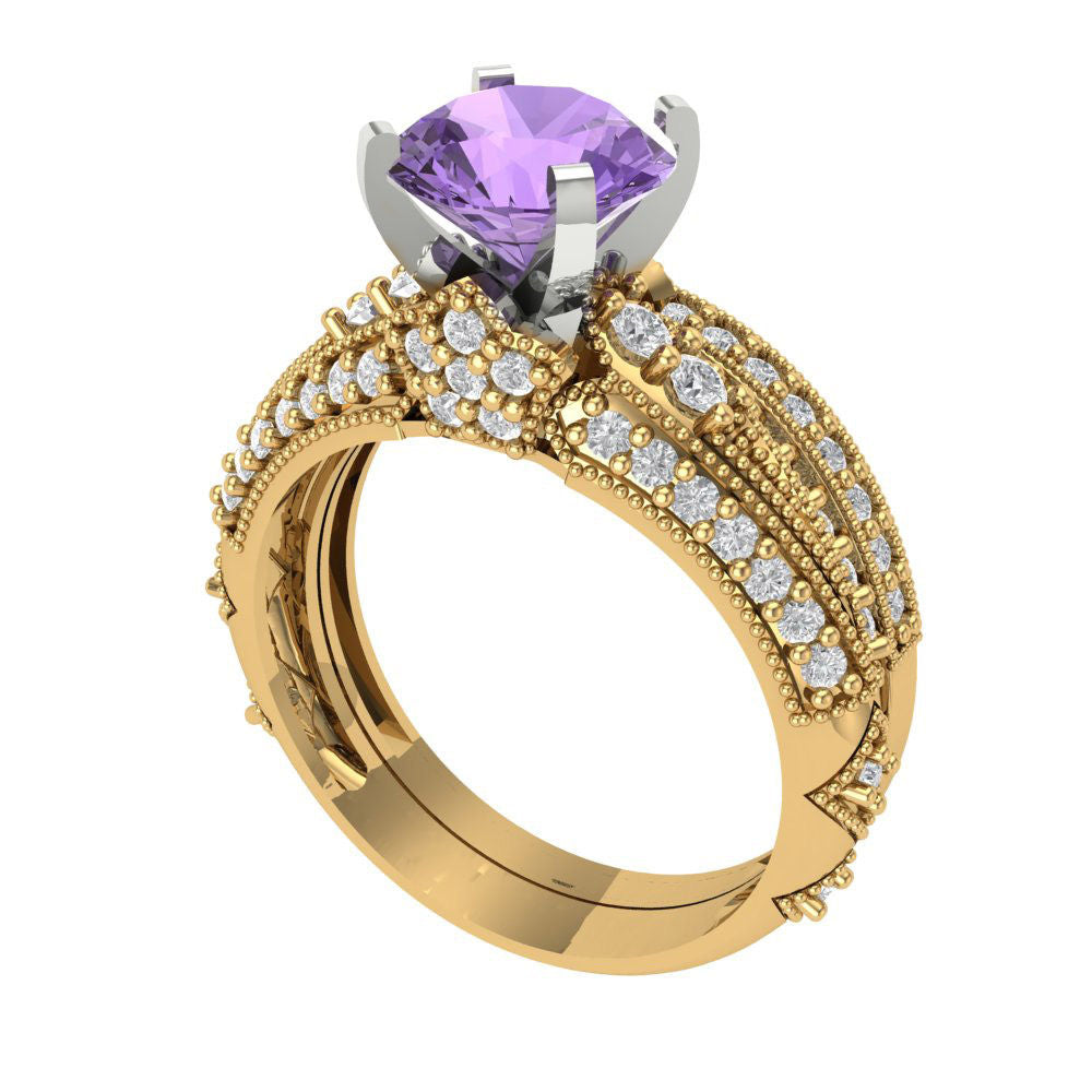 2.095 cttw Round Cut Simulated Alexandrite Bridal Set - Solid Yellow/White Gold Engagement Ring & Wedding Band