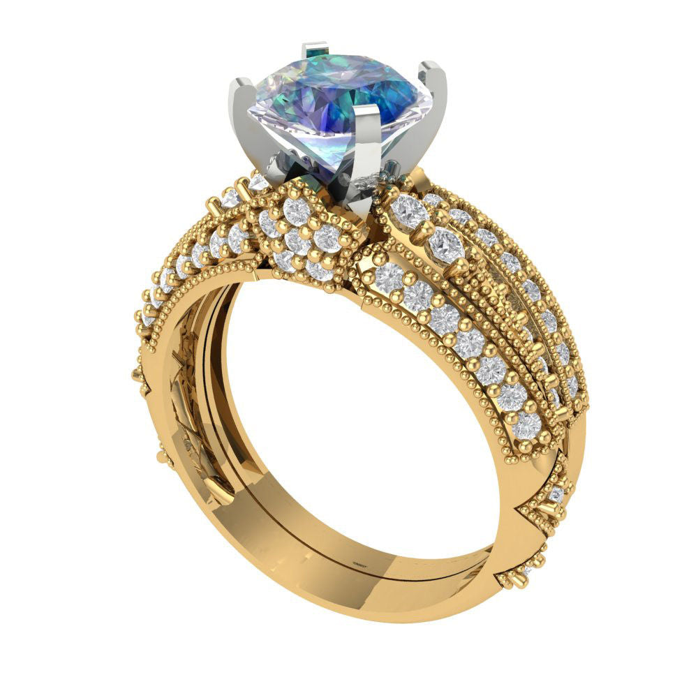 2.095 cttw Round Cut Blue Moissanite Bridal Set - Solid Yellow/White Gold Engagement Ring & Wedding Band