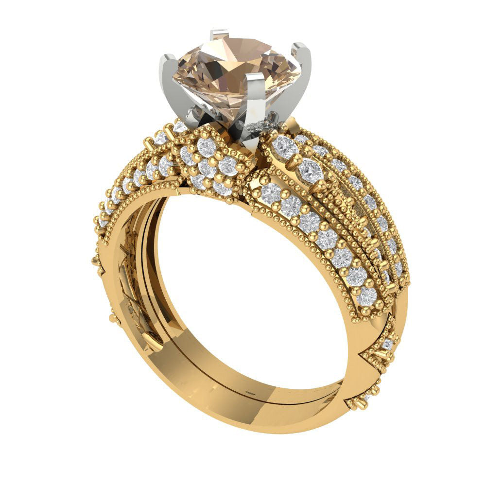 2.095 cttw Round Cut Yellow Moissanite Bridal Set - Solid Yellow/White Gold Engagement Ring & Wedding Band