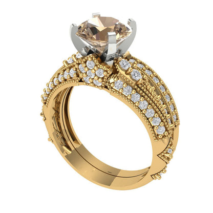 2.095 cttw Round Cut Yellow Moissanite Bridal Set - Solid Yellow/White Gold Engagement Ring & Wedding Band