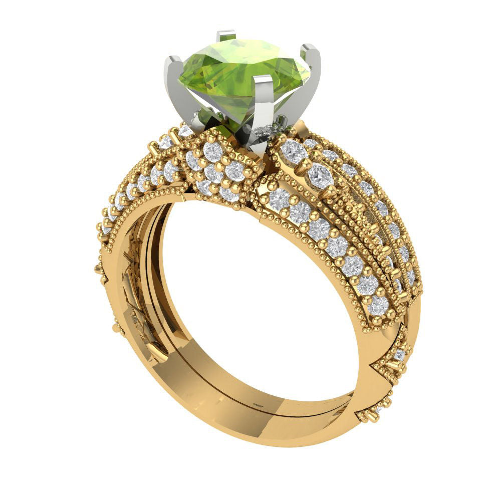 2.095 cttw Round Cut Natural Peridot Bridal Set - Solid Yellow/White Gold Engagement Ring & Wedding Band