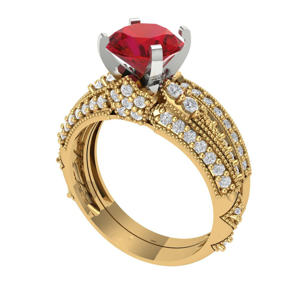 2.095 cttw Round Cut Simulated Pink Tourmaline Bridal Set - Solid Yellow/White Gold Engagement Ring & Wedding Band