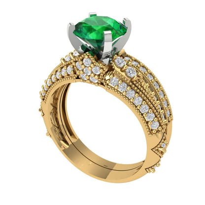 2.095 cttw Round Cut Simulated Emerald Bridal Set - Solid Yellow/White Gold Engagement Ring & Wedding Band