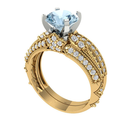2.095 cttw Round Cut Natural Swiss Blue Topaz Bridal Set - Solid Yellow/White Gold Engagement Ring & Wedding Band