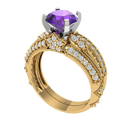 2.095 cttw Round Cut Natural Amethyst Bridal Set - Solid Yellow/White Gold Engagement Ring & Wedding Band