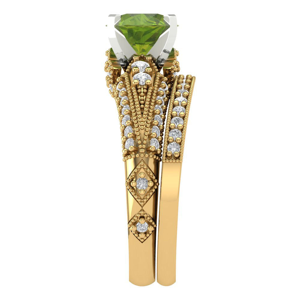 2.095 cttw Round Cut Natural Peridot Bridal Set - Solid Yellow/White Gold Engagement Ring & Wedding Band