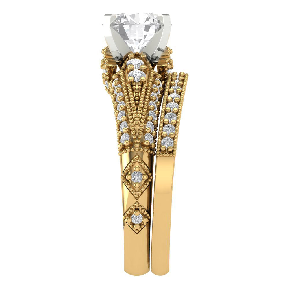 2.095 cttw Round Cut Moissanite Bridal Set - Solid Yellow/White Gold Engagement Ring & Wedding Band