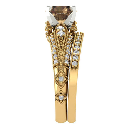 2.095 cttw Round Cut Simulated Champagne Diamond Bridal Set - Solid Yellow/White Gold Engagement Ring & Wedding Band