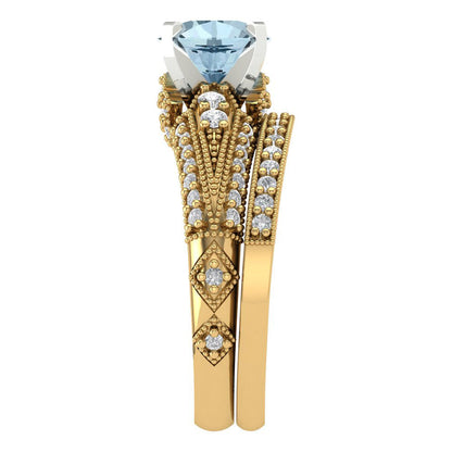 2.095 cttw Round Cut Natural Swiss Blue Topaz Bridal Set - Solid Yellow/White Gold Engagement Ring & Wedding Band